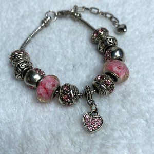 Chunky Beaded Bracelet Silver and Pink Color Scheme Charms Extender Chain